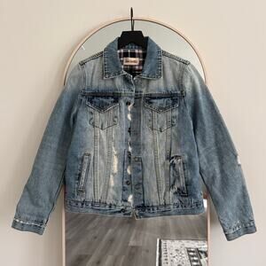 Free People Driftwood Geena Reversible Plaid Distressed Denim Snap Jacket